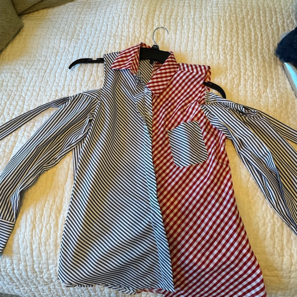 WHY DRESS Mixed Print Cold Shoulder Button Down Blouse- M